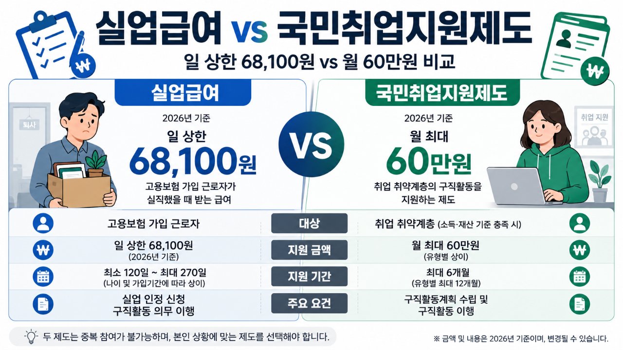 실업급여 vs 국민취업지원제도, 일 상한 68,100원 vs 월 60만원 비교